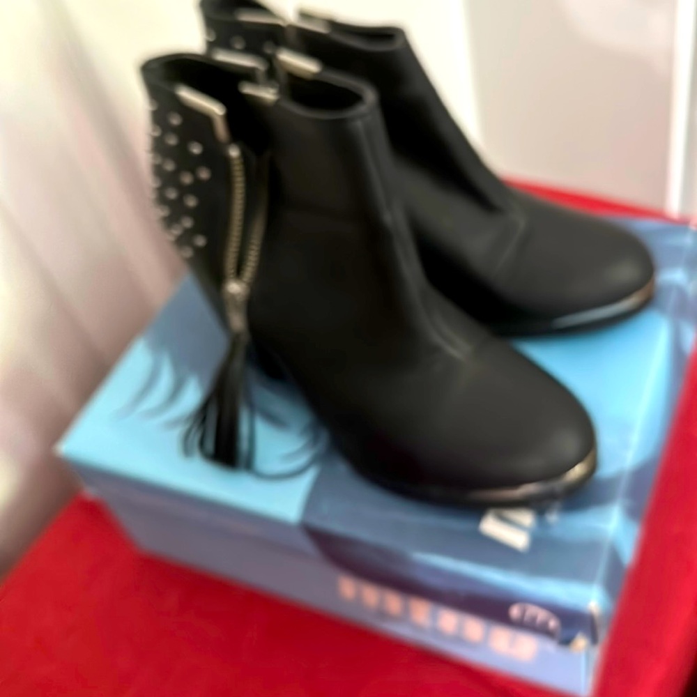 Black low cut mid heel silver stud boot